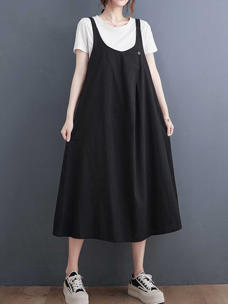 Wide Strap Cotton Loose A-Line Pinafore Midi Dress 2