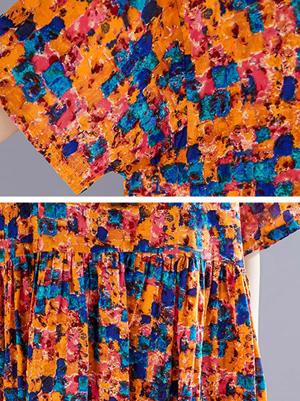 Multi Color Round Neck Abstract Floral Print Pleated Short Sleeve A-Line Maxi Dress