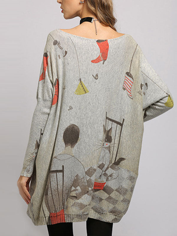 Boat Neck Cat Print Long Sleeve Knit Sweater Tunic