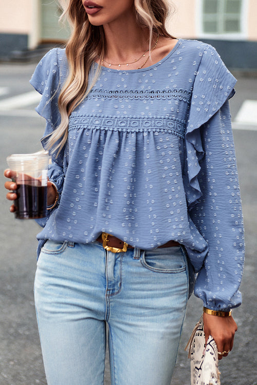 Miss You So Swiss Dot Lace Ruffled Long Sleeve Top - 5 Colors
