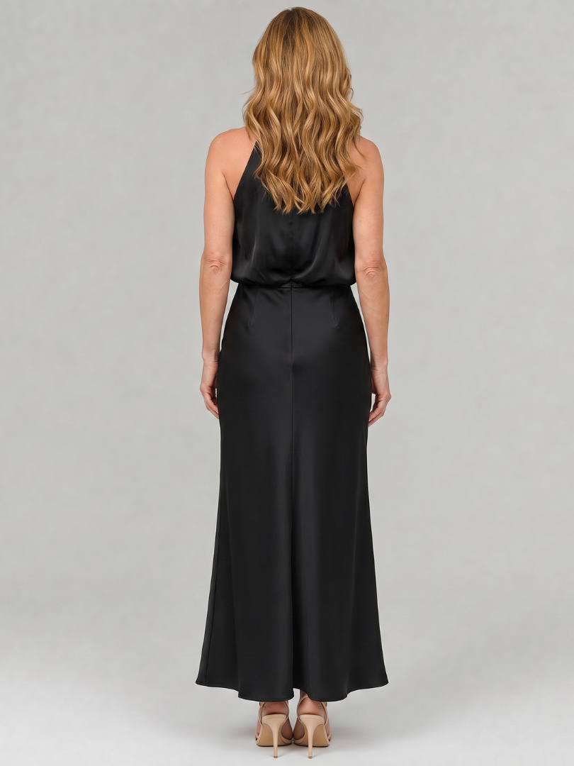 Halter Neck Twist Front Blouson Satin Column Maxi Dress 10