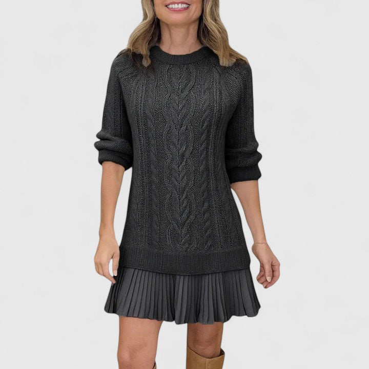 Crew Neck Cable Knit Pleated Hem Long Sleeve Sweater Dress