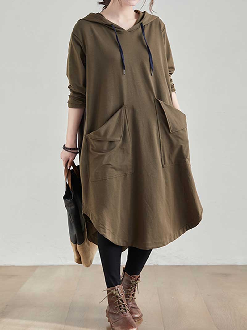 Hooded Drawstring Long Sleeve Pocket Loose Hoodie Dress