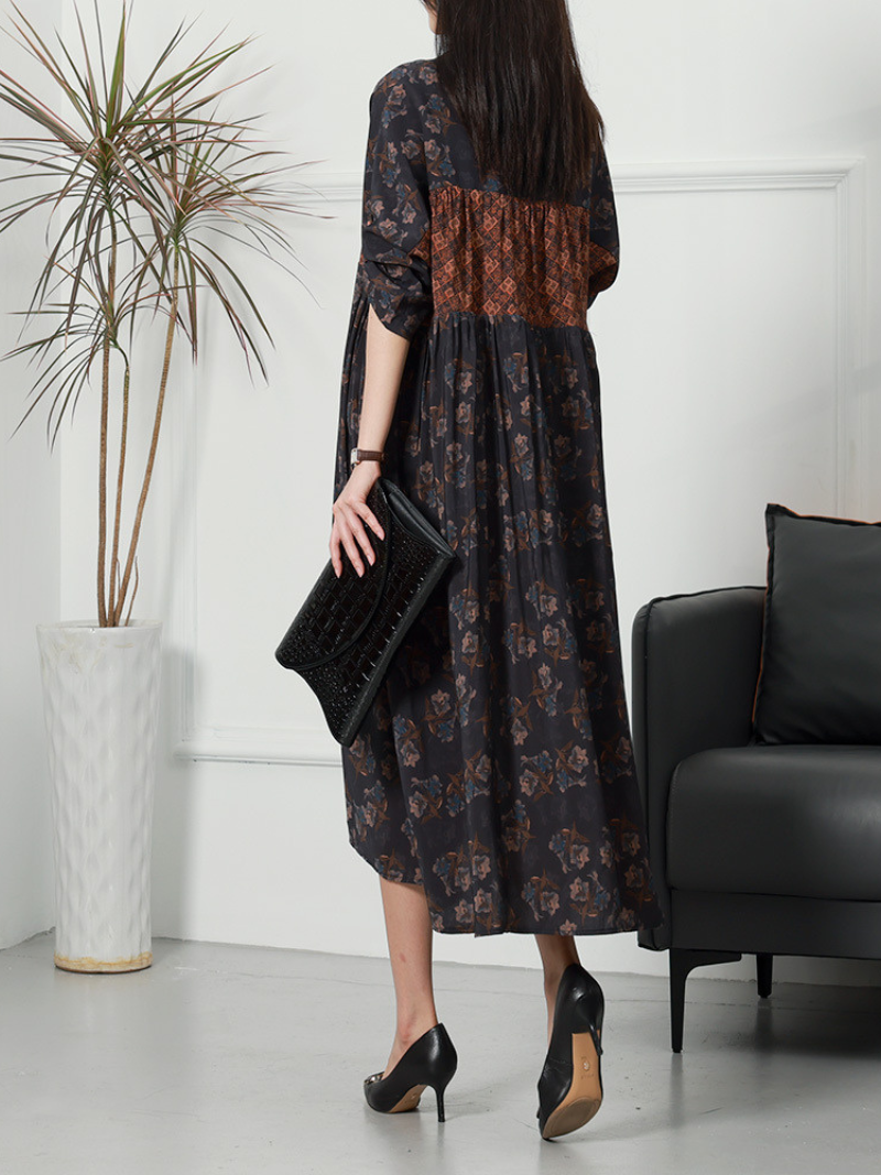 Blue Collared Roll-Up Sleeve Floral Patchwork Button Loose Shirt Midi Dress