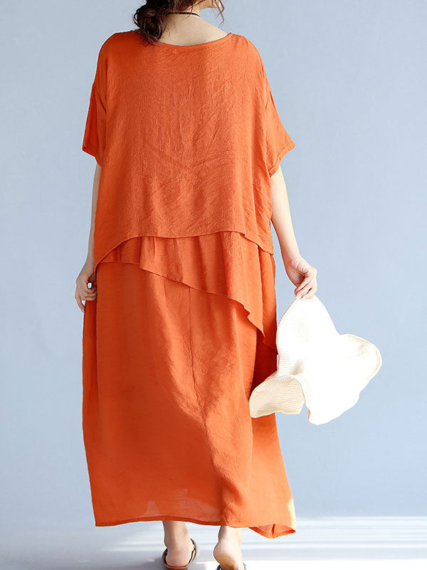 Round Neck Layered Short Sleeve Loose A-Line Linen Maxi Dress 7