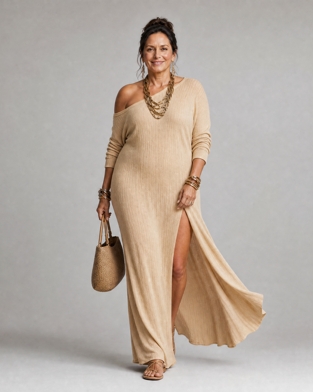 One-Shoulder Long Sleeve Jersey High Slit Relaxed Maxi Dress