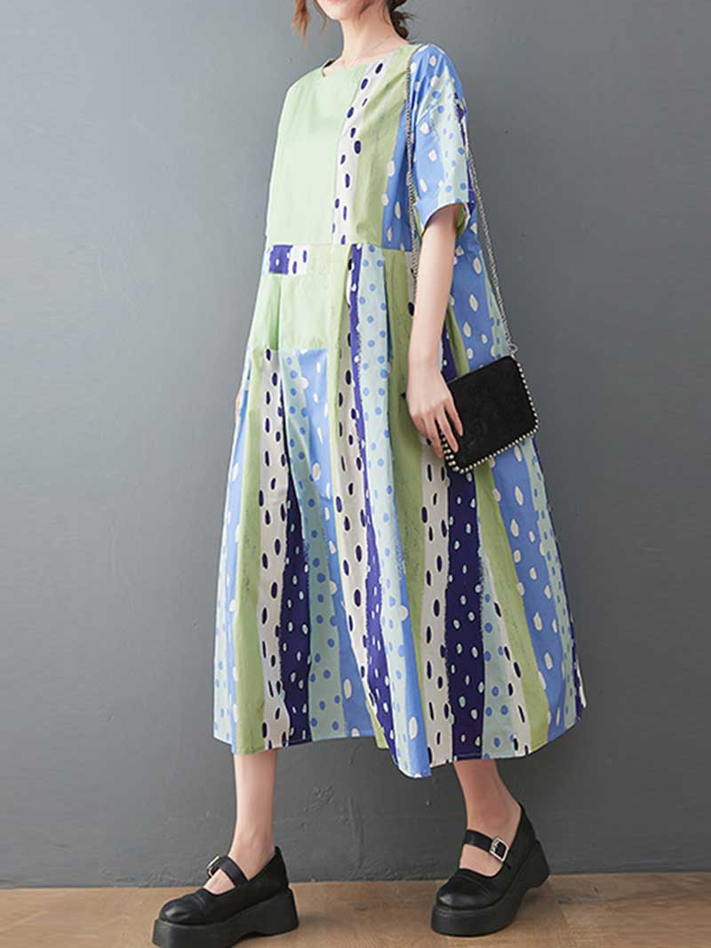 Round Neck Polka Dot Patchwork Short Sleeve Pleated A-Line Midi Dress 3