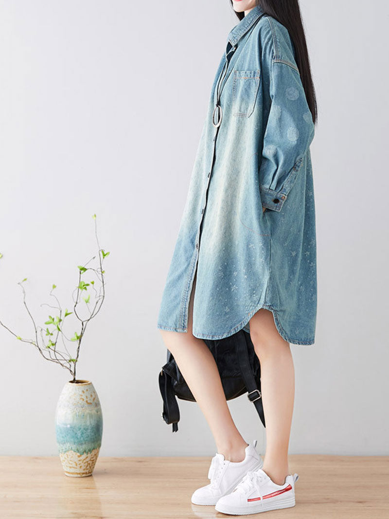 Collared Star Print Long Sleeve Washed Denim Shirt Dress 7