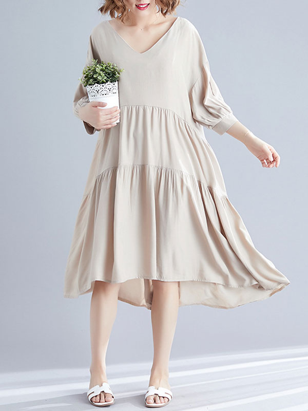 V-Neck Three-Quarter Sleeve Tiered Loose A-Line Midi Dress 10
