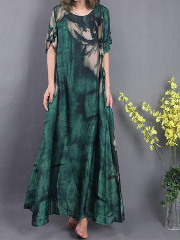 Round Neck Abstract Print Half Sleeve Loose Maxi Dress