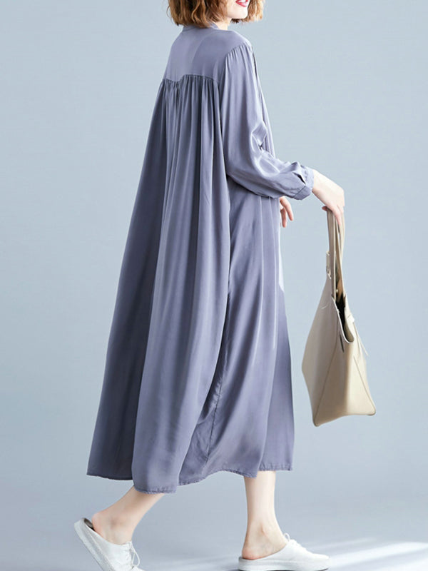 Stand Collar Long Sleeve Button Front Loose Shirt Midi Dress 7
