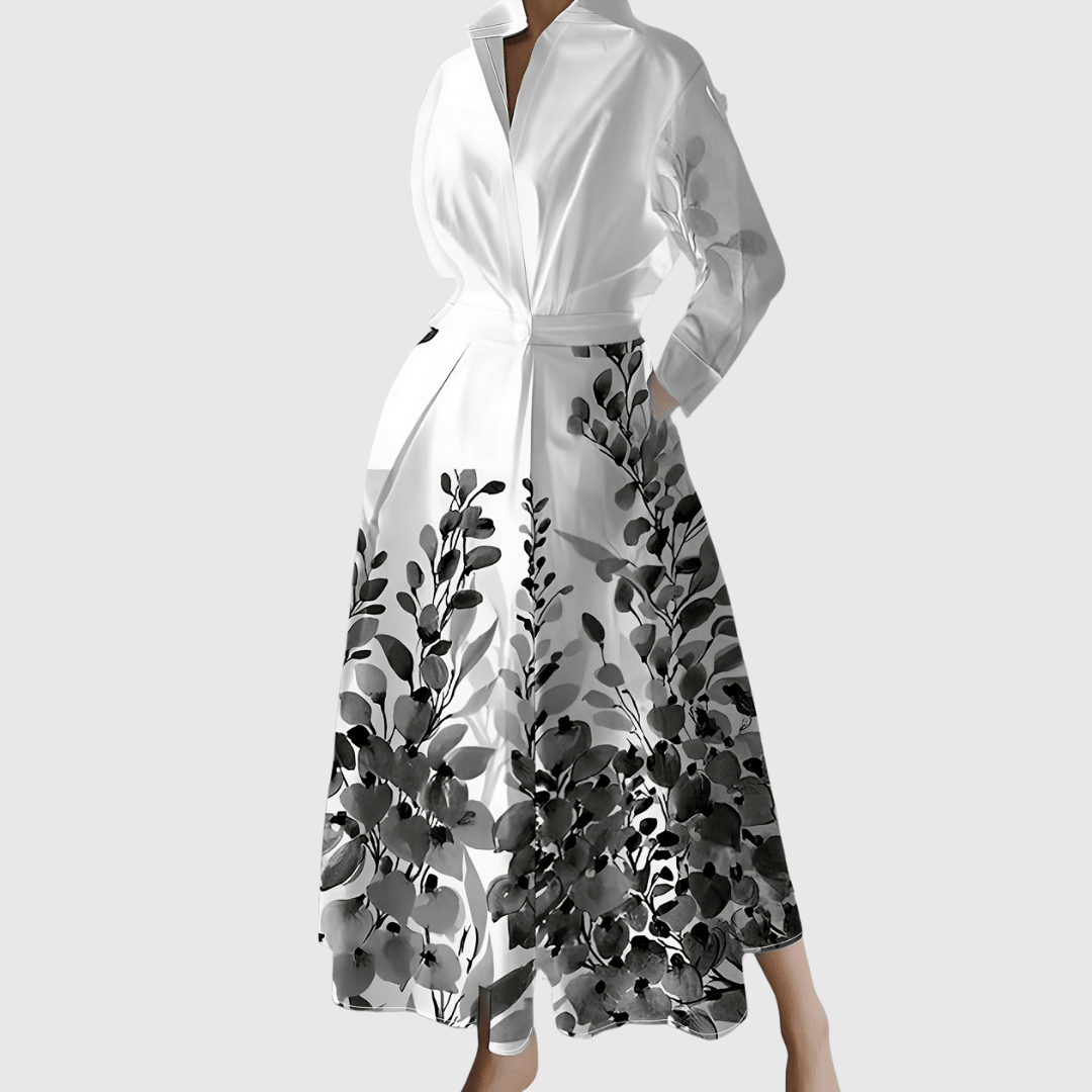 Collared Floral Border Print Long Sleeve Pocket Shirt Maxi Dress 3