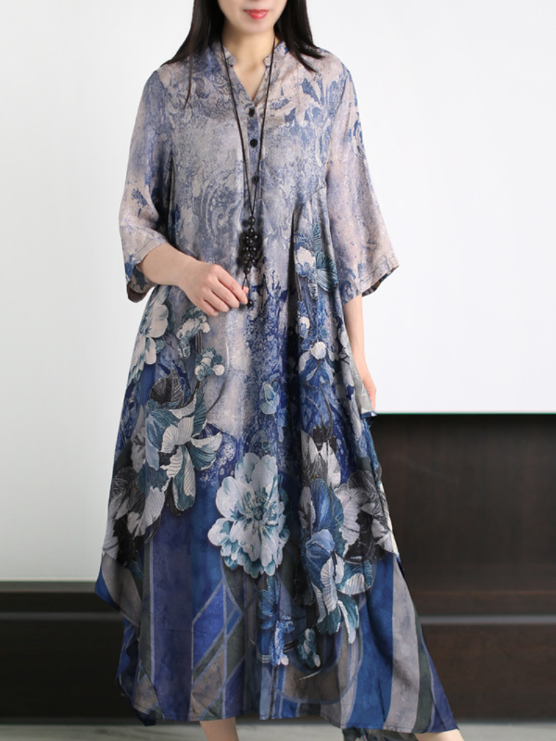Stand Collar Floral Print Half Sleeve Loose Flowy Maxi Dress 2