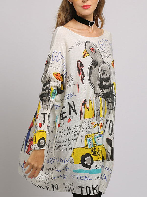 Boat Neck Long Sleeve Graffiti Print Oversized Knit Sweater 5