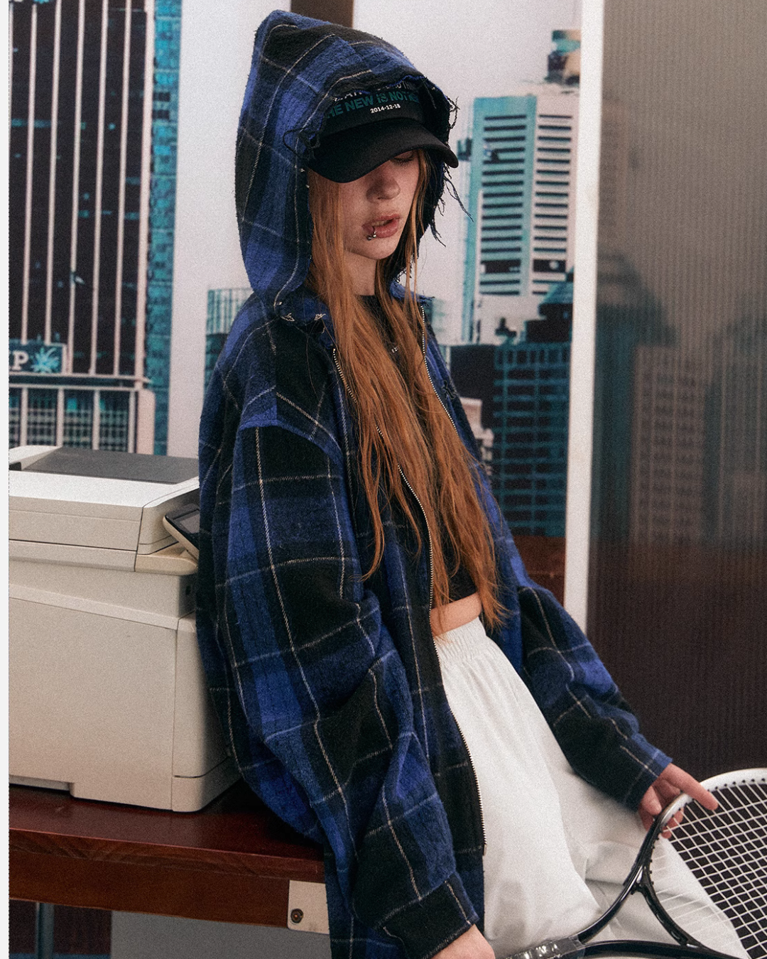 Blue Plaid Oversized Hooded Jacket