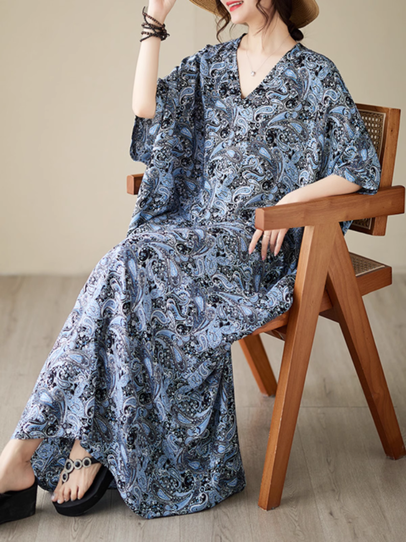 Split Neck Batwing Sleeve Paisley Print Loose Kaftan Maxi Dress 6