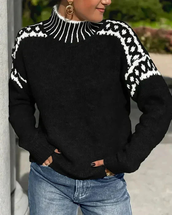 High Neck Fair Isle Trim Knitted Sweater 3