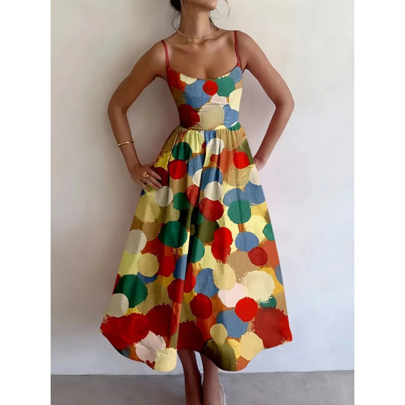 Spaghetti Strap Scoop Neck Painted Dot Print A-Line Midi Dress