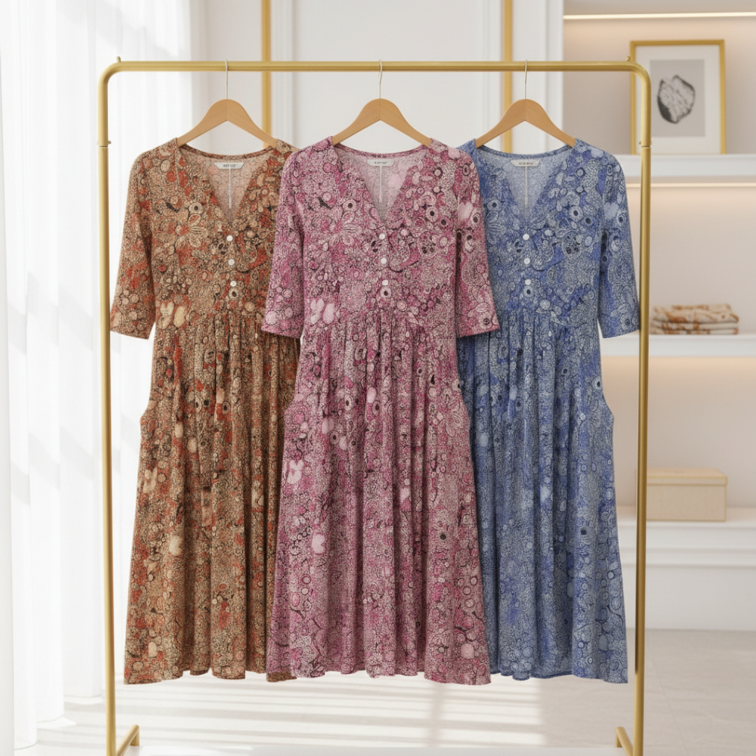 V-Neck Three Quarter Sleeve Floral Button Front A-Line Midi Dress