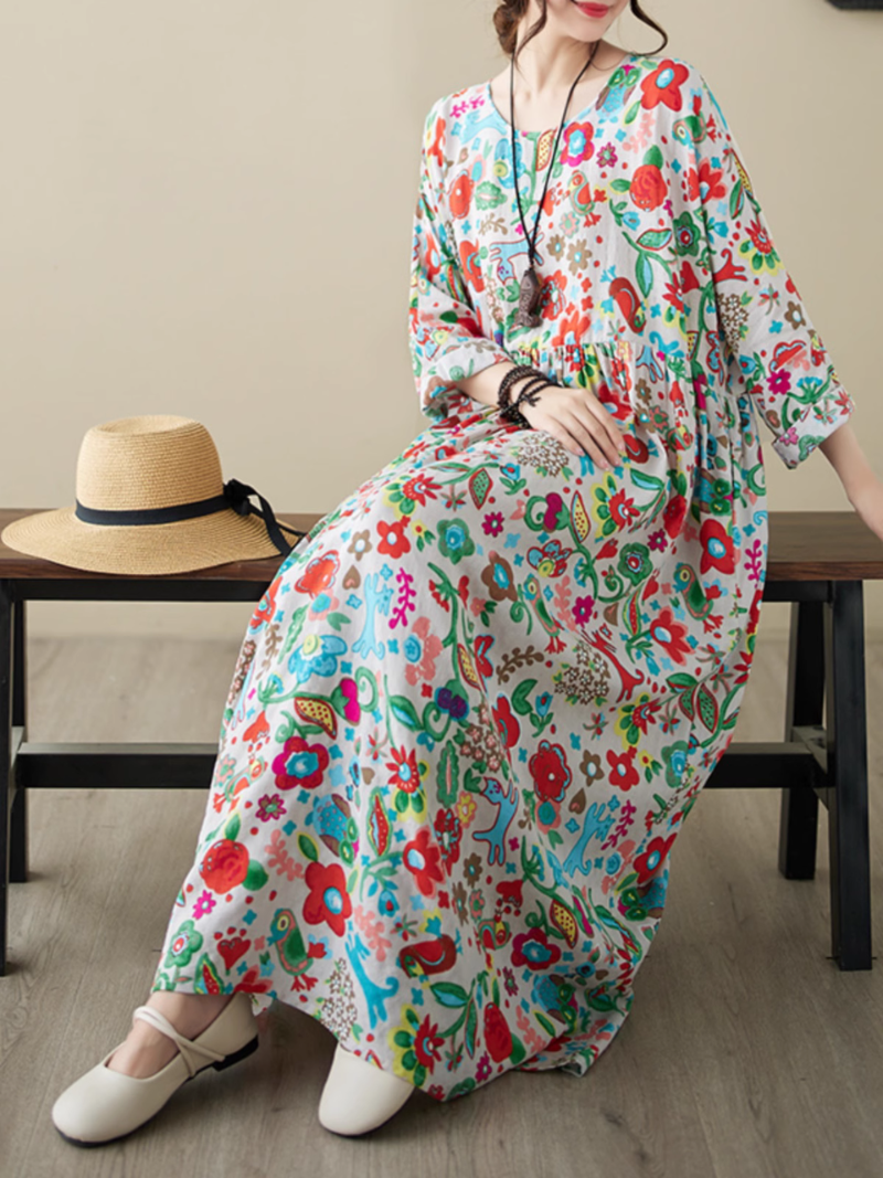 Round Neck Floral Print Long Sleeve Pleated Loose Smock Maxi Dress