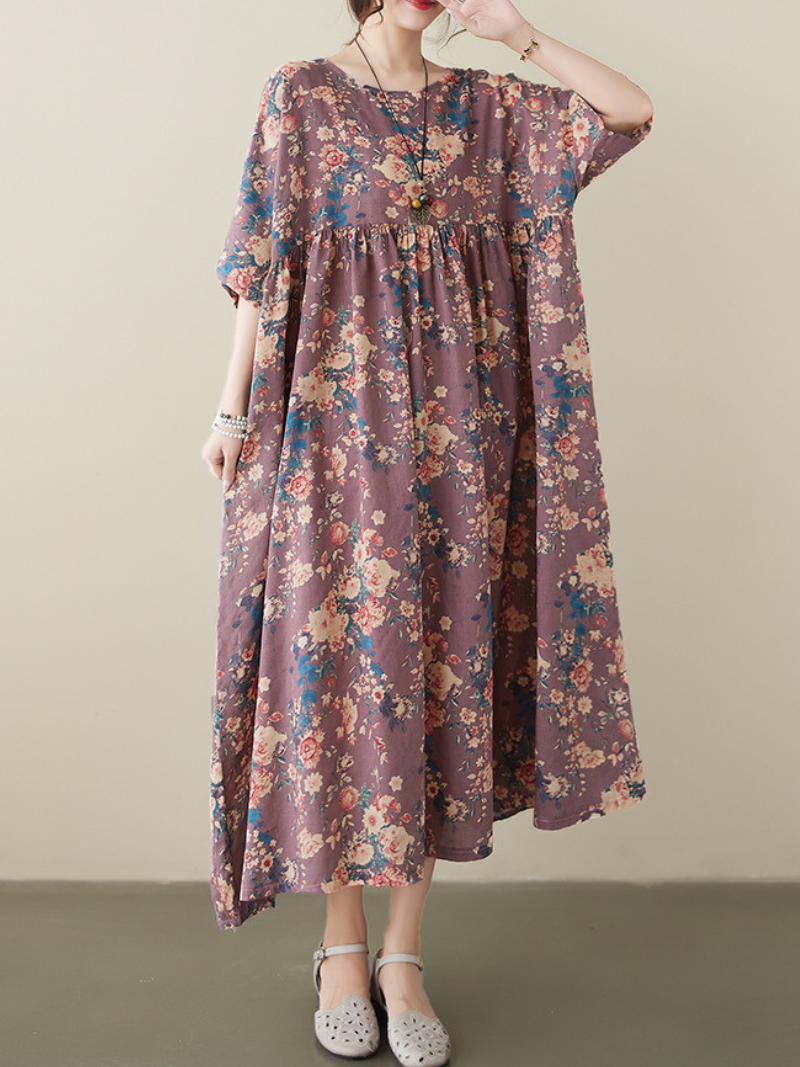 Coffee Round Neck Short Sleeve Vintage Floral Empire Waist Smock Maxi Dress