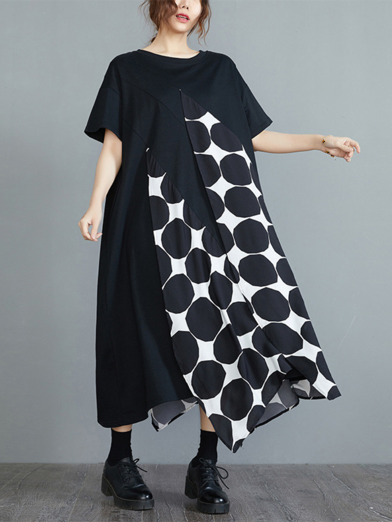 Black Round Neck Polka Dot Patchwork Short Sleeve Loose Maxi Dress