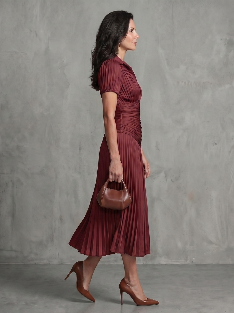 Collared Pinstripe Short Sleeve Ruched Waist Pleated Midi Dress
