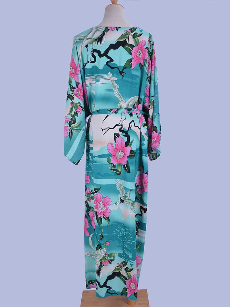 Green Tie Waist Floral Crane Print Long Kimono Robe 2