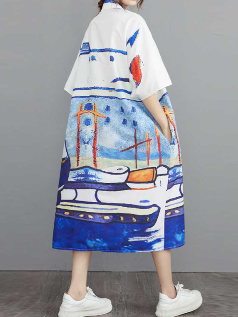 Collared Short Sleeve Abstract Art Print Midi Shirt Dress