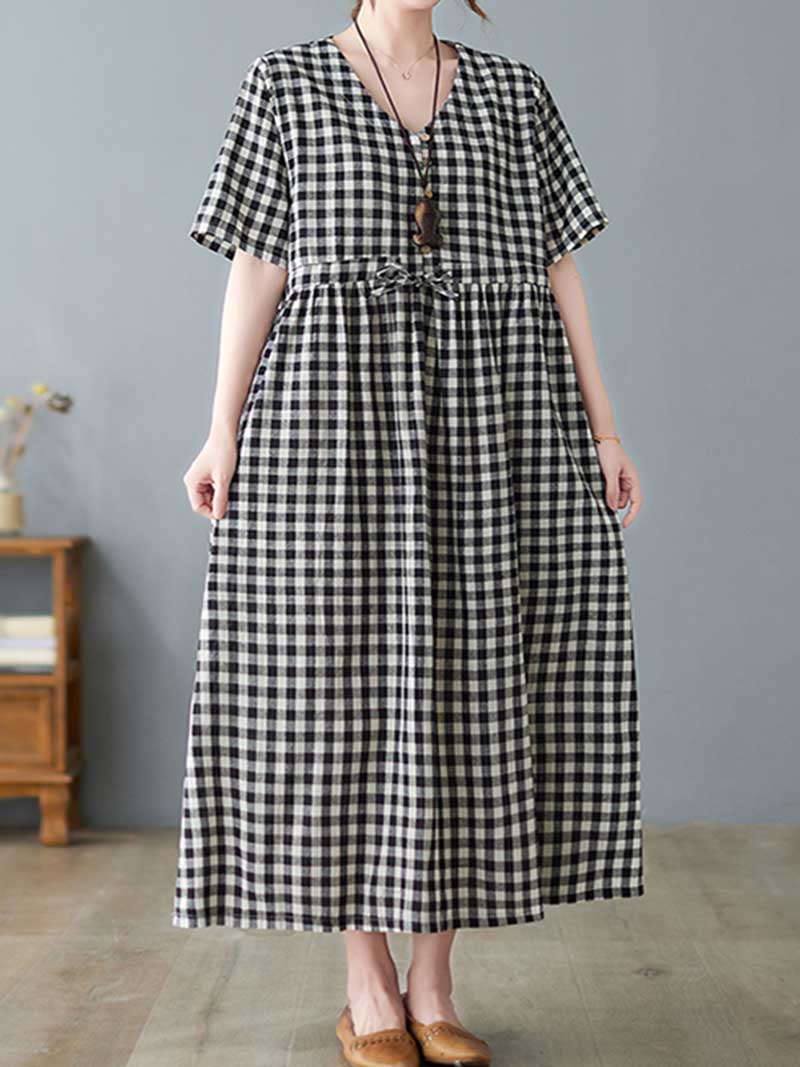 Black V-Neck Gingham Plaid Drawstring Waist Short Sleeve Cotton Midi Dress