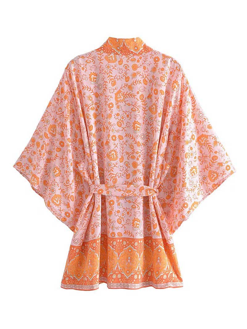 Floral Print Border Trim Tie Waist Kimono Robe 6