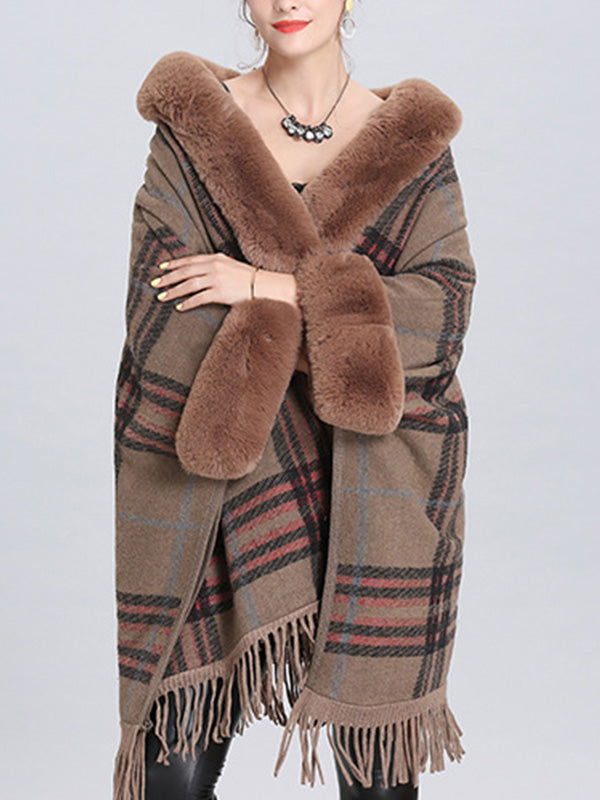 Faux Fur Trim Plaid Tassel Hem Cape Poncho Cardigan