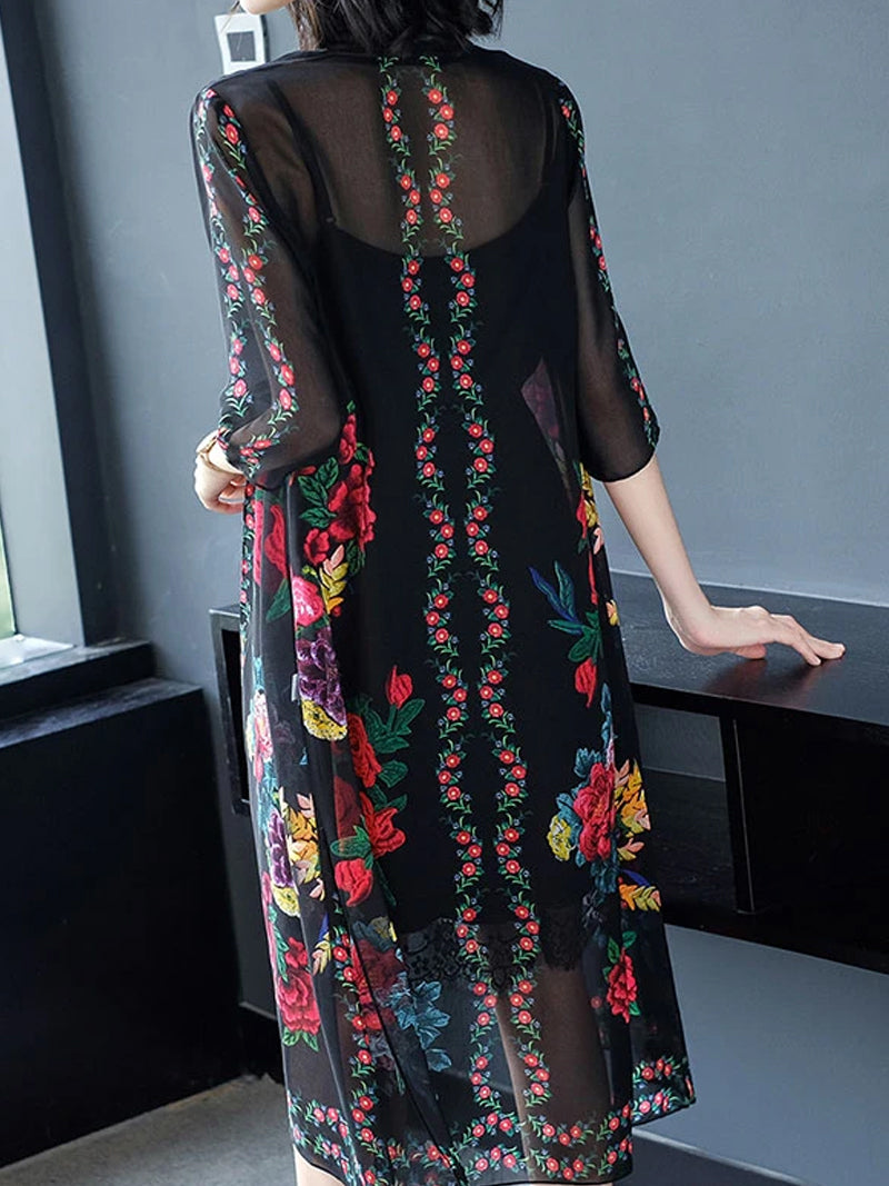 Open Front Floral Print Sheer Chiffon Long Kimono 6