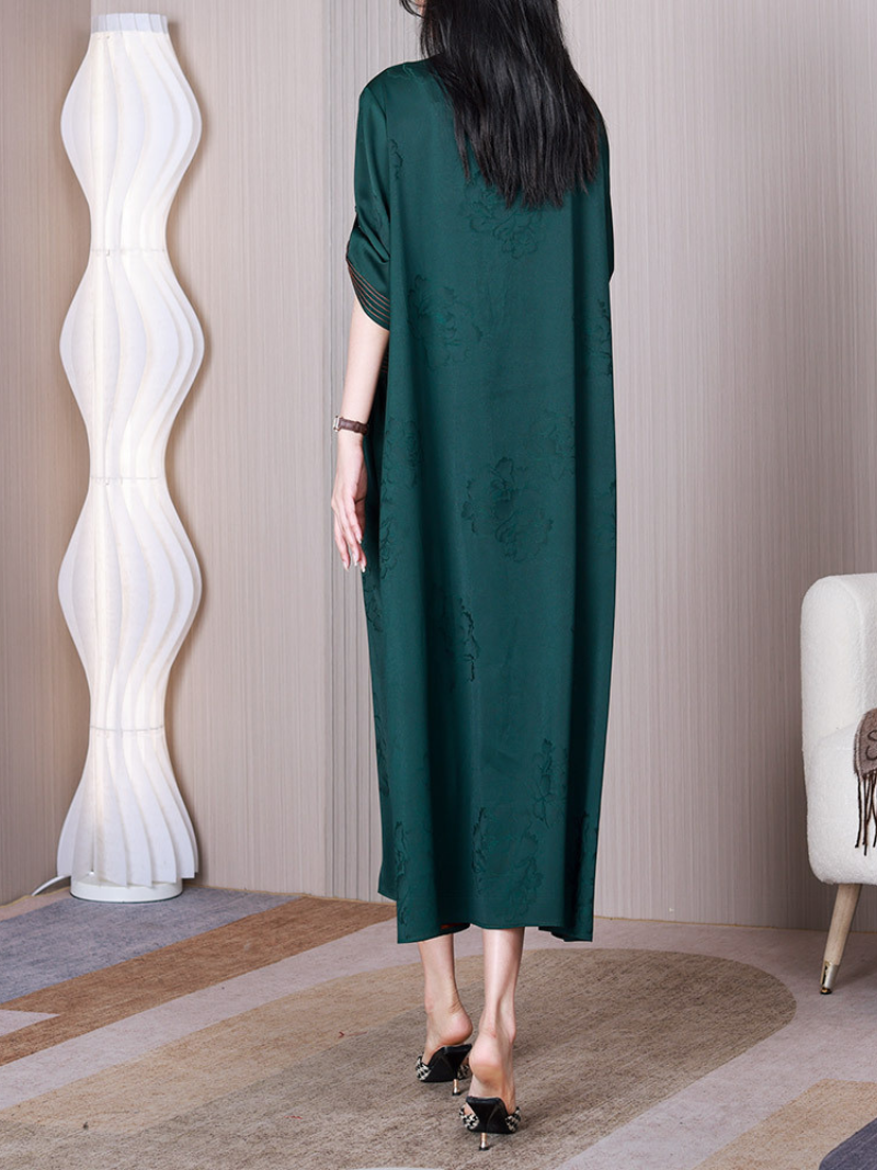 Green Round Neck Short Sleeve Jacquard Floral Paneled A-Line Midi Dress 3