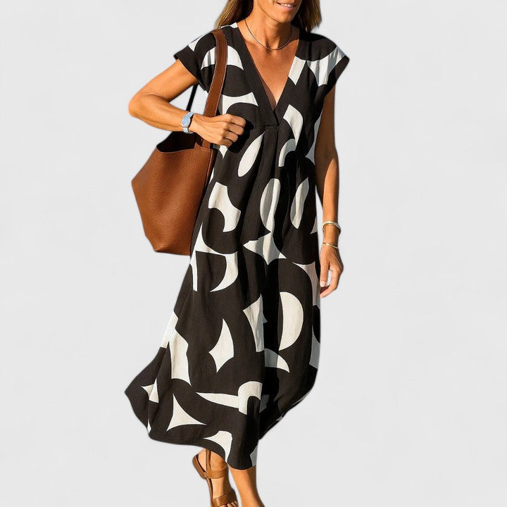 V-Neck Geometric Print Cap Sleeve Relaxed A-Line Midi Dress