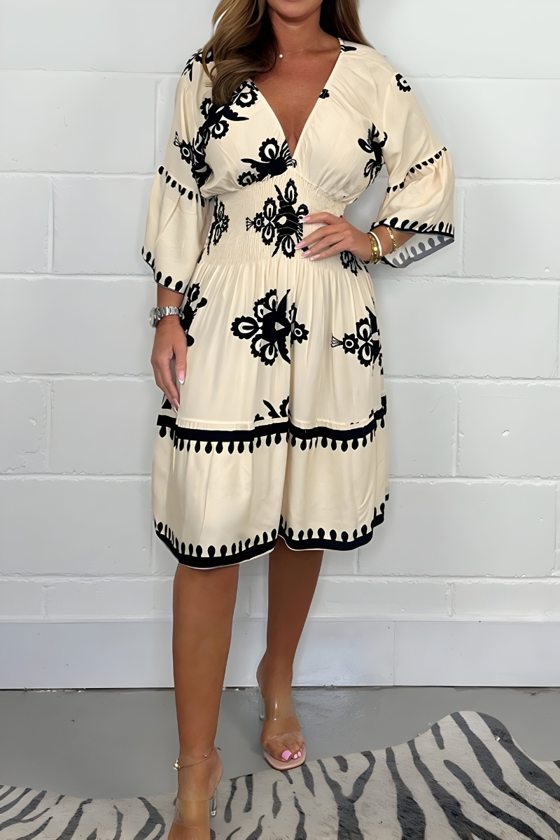 V-Neck Flare Sleeve Baroque Print Scallop Trim Tiered Midi Dress 2