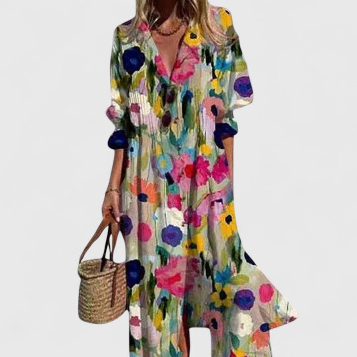 Collared Button Front Leaf Print Long Sleeve Flowy Maxi Shirt Dress 3