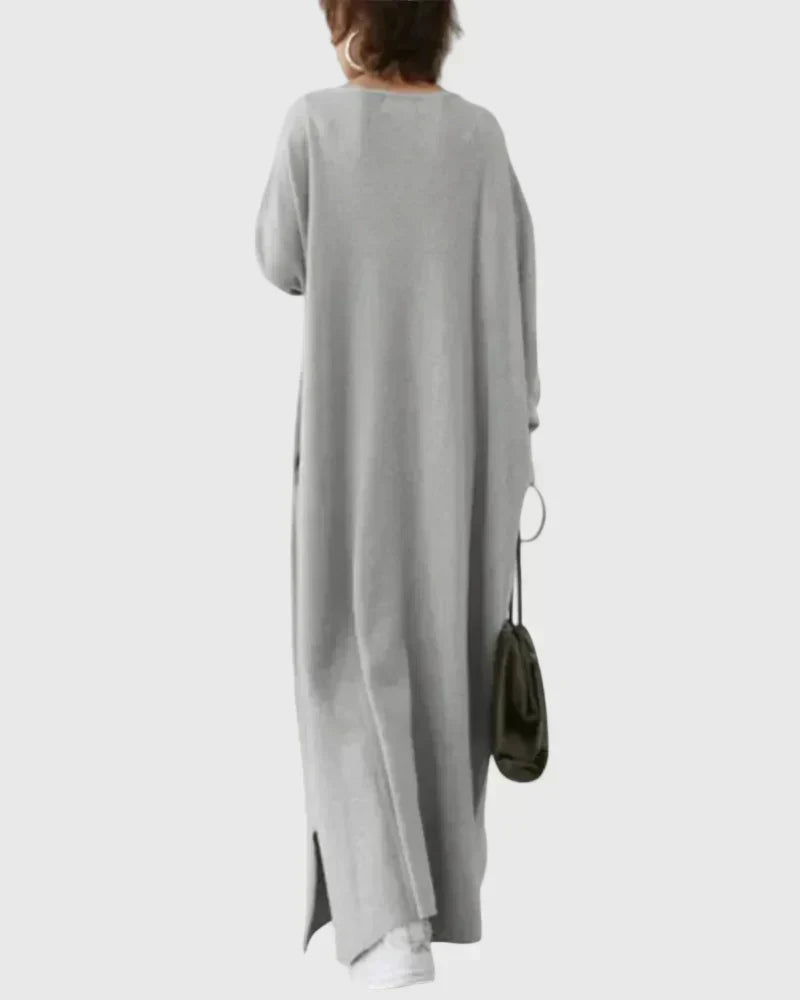 V-Neck Long Sleeve Batwing Loose Knit Side Slit Maxi Dress