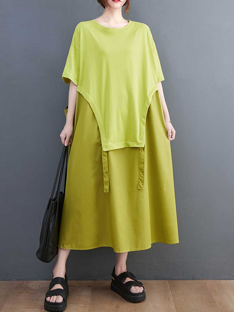 Round Neck Short Sleeve Layered Asymmetric Loose A-Line Midi Dress