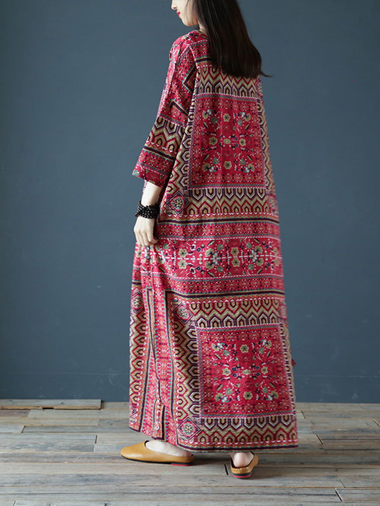 Red Round Neck Ethnic Print Tie Waist Loose Kaftan Maxi Dress
