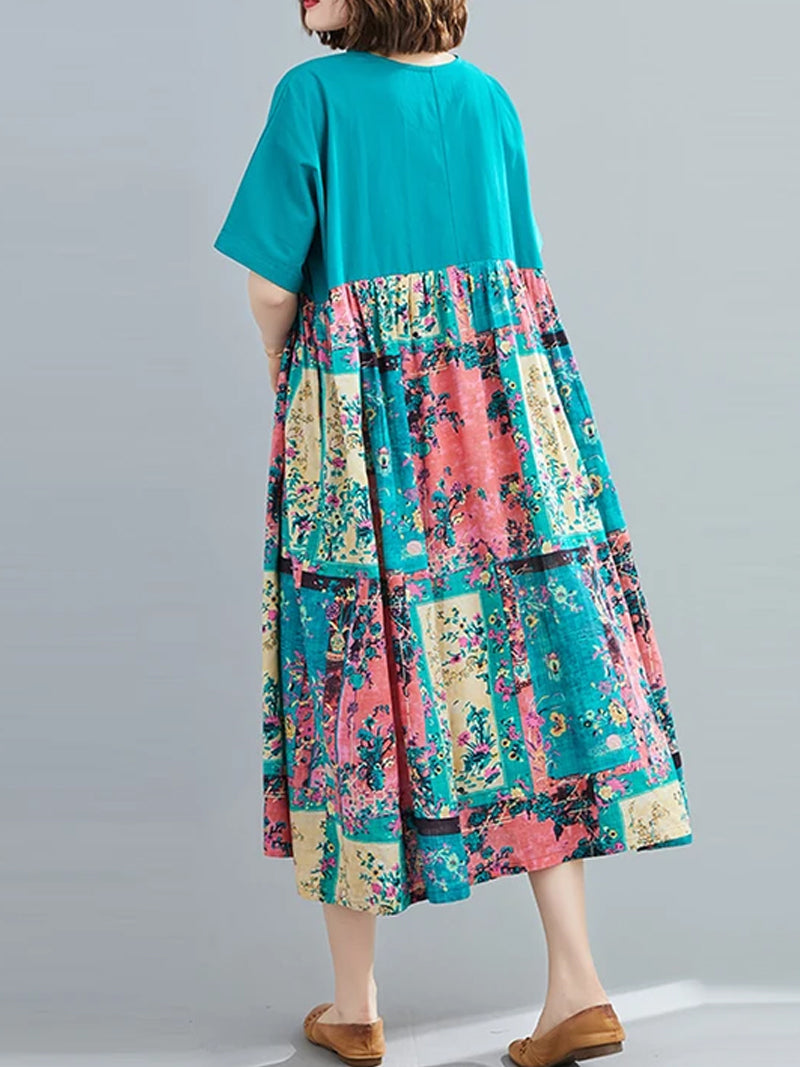 Round Neck Short Sleeve Floral Patchwork Print Smock Midi Dress 3