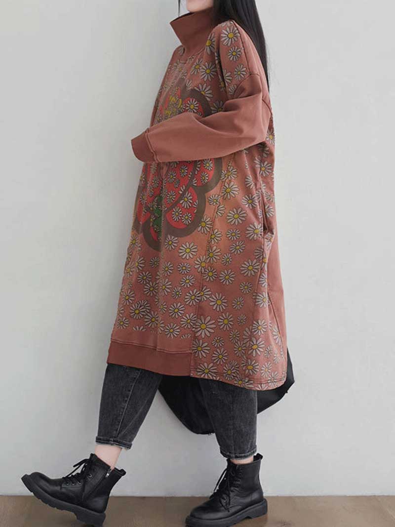 Turtleneck Floral Daisy Print Medallion Oversized Sweatshirt Midi Dress