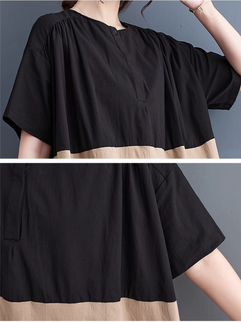 Round Neck Short Sleeve Contrast Panel Tiered Midi Dress 6