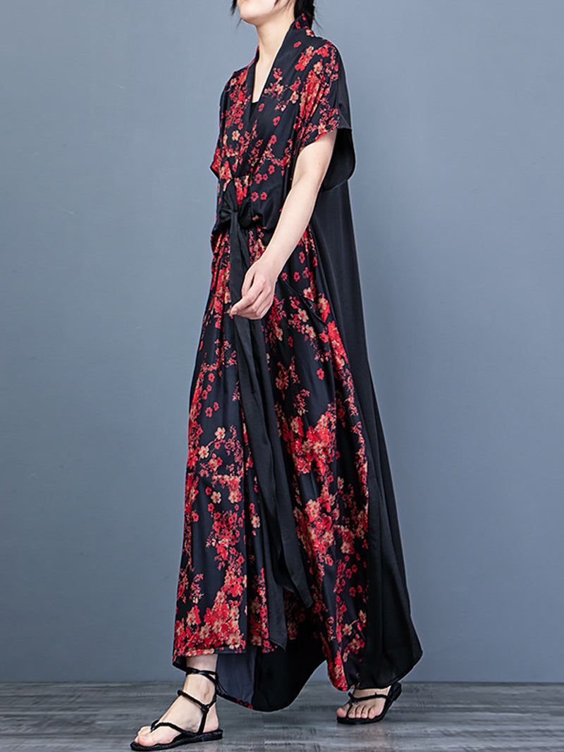 V-Neck Short Sleeve Floral Print Tie Front Loose Maxi Dress 6