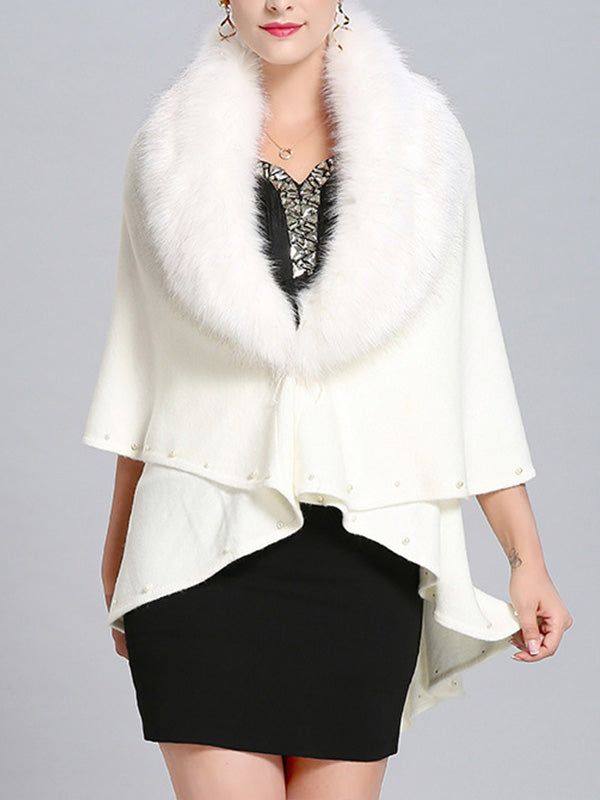 Fur Collar Pearl Trim Draped Knit Cape Cardigan