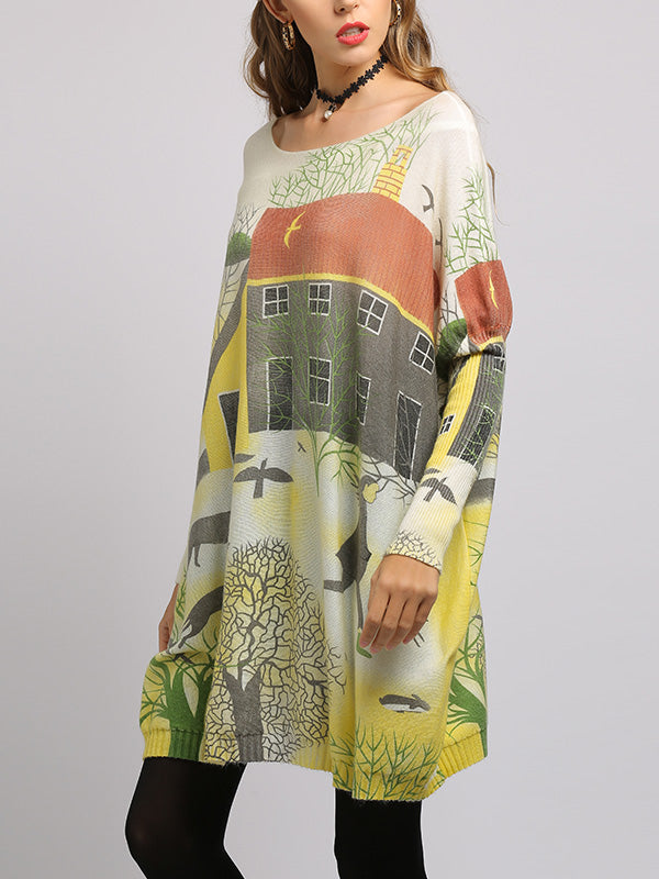 Boat Neck Scenic Print Long Sleeve Loose Knit Sweater 7