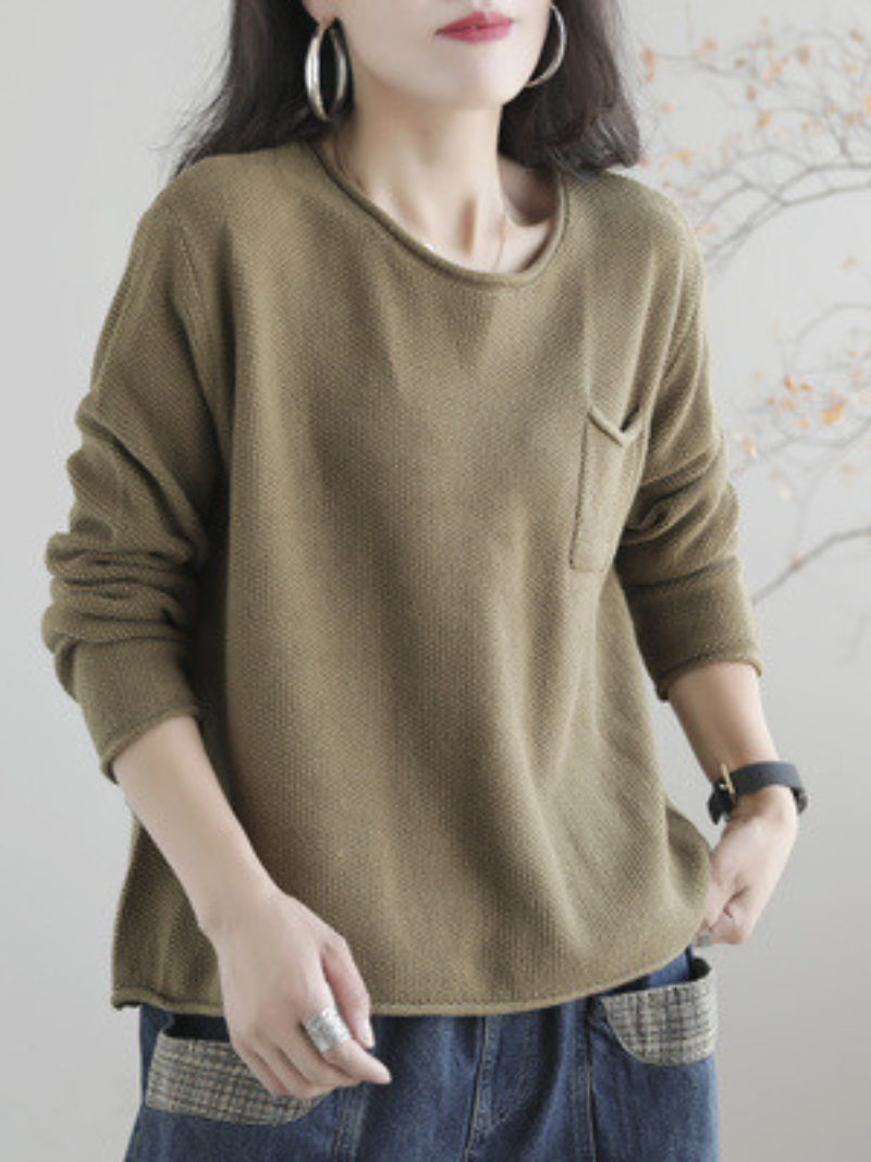 Round Neck Patch Pocket Long Sleeve Loose Knit Sweater
