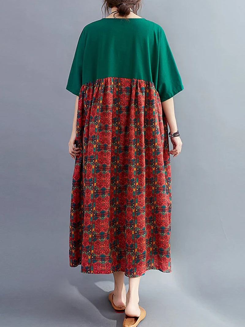 Dark Green Round Neck Colorblock Floral Print Short Sleeve Smock Midi Dress 2