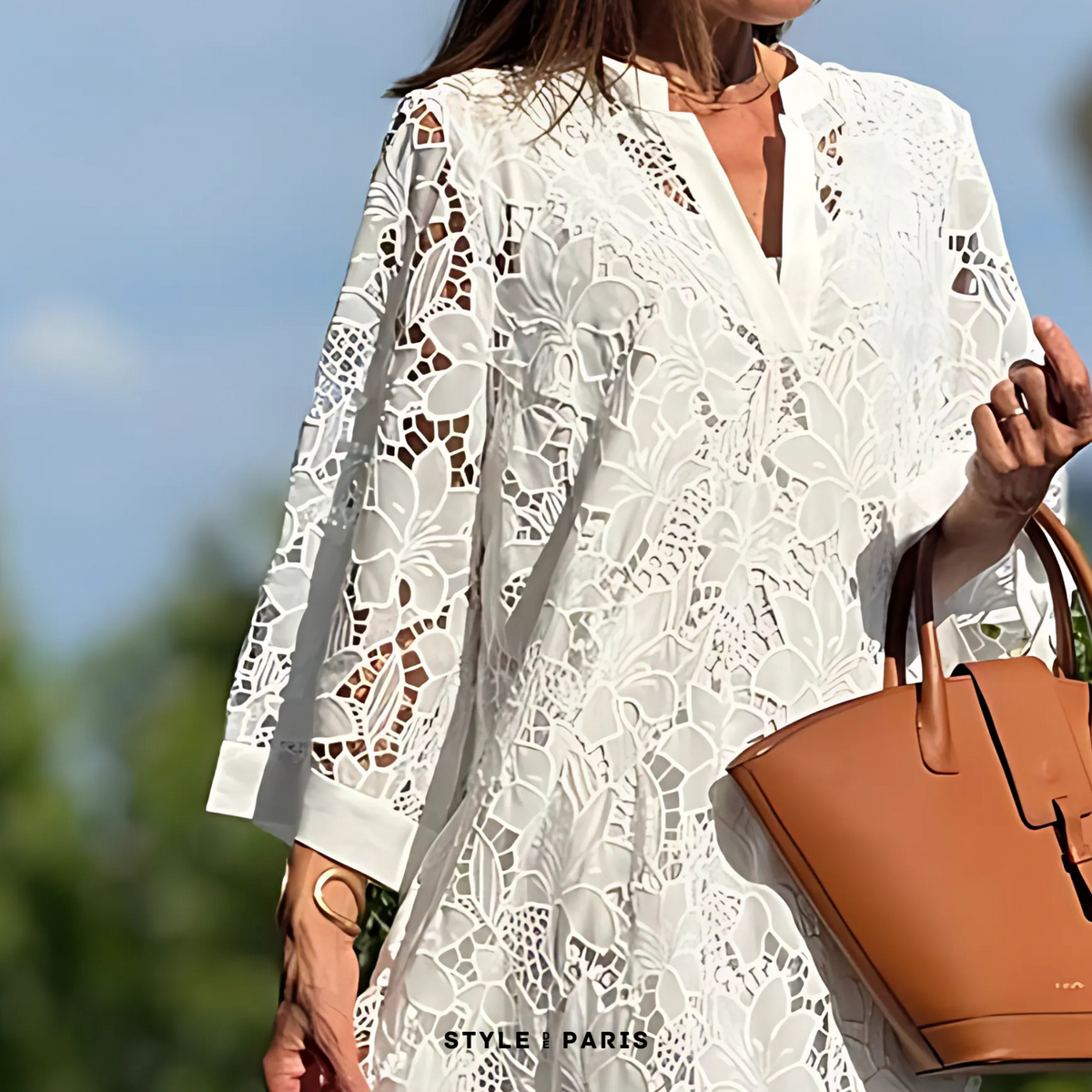 Notch V-Neck Floral Guipure Lace Three Quarter Sleeve Shift Maxi Dress 9