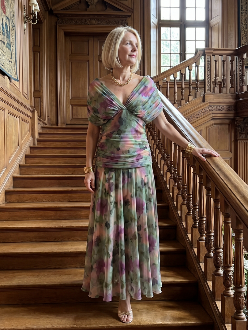 Off-Shoulder Draped Floral Chiffon Ruched Flowy Midi Dress